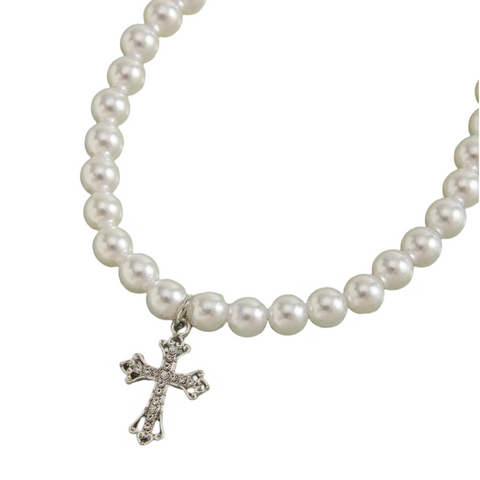 Chrome cross pearl necklace